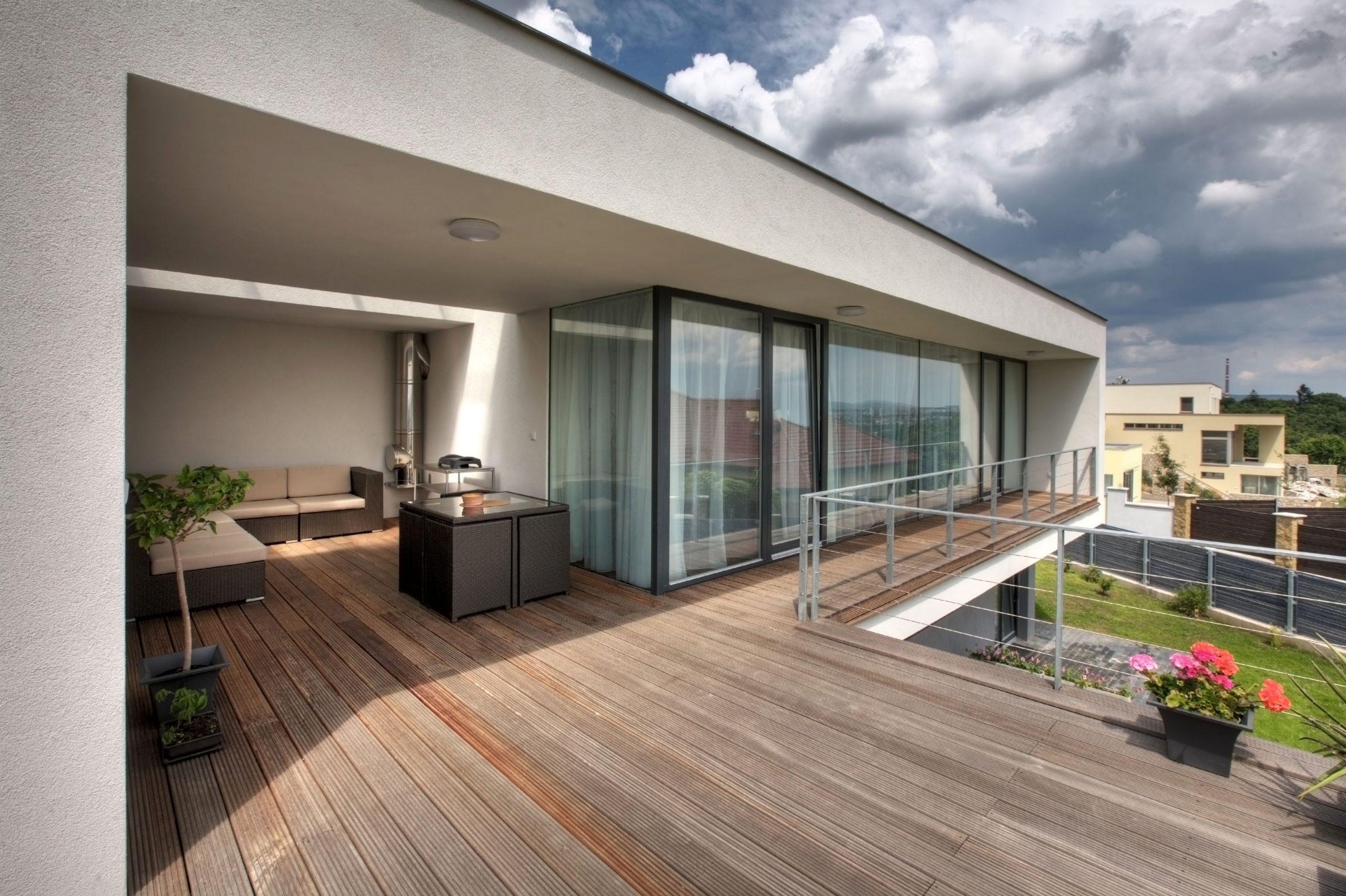 Wooden terrace in modern residential building